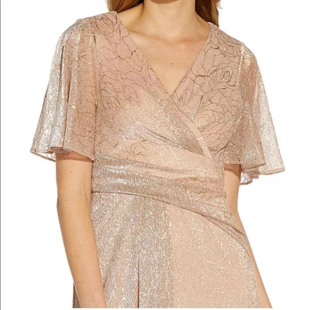 Adrianna Papell Floral Metallic Mesh Draped Gown in Rose Gold Size 6 - Picture 4 of 6